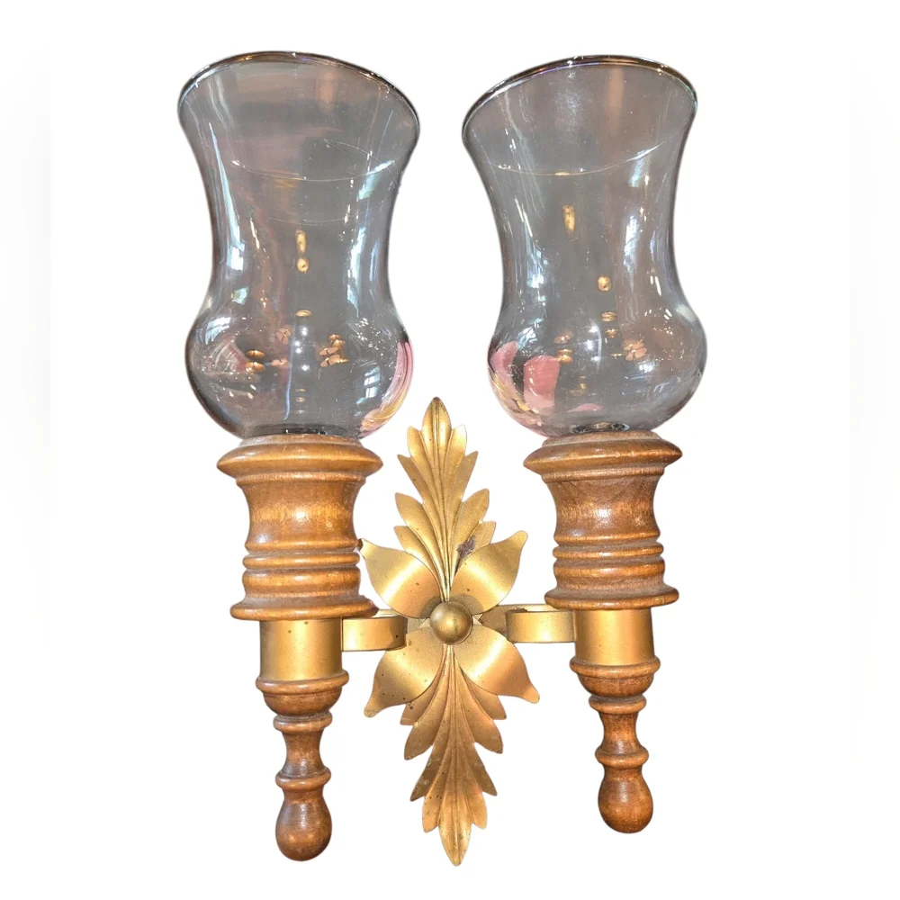 Vintage Decorative Wood, Brass & Glass Double Candle Holder Hanging‎ Wall Sconce